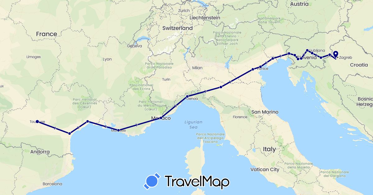 TravelMap itinerary: driving in France, Croatia, Italy, Monaco, Slovenia (Europe)